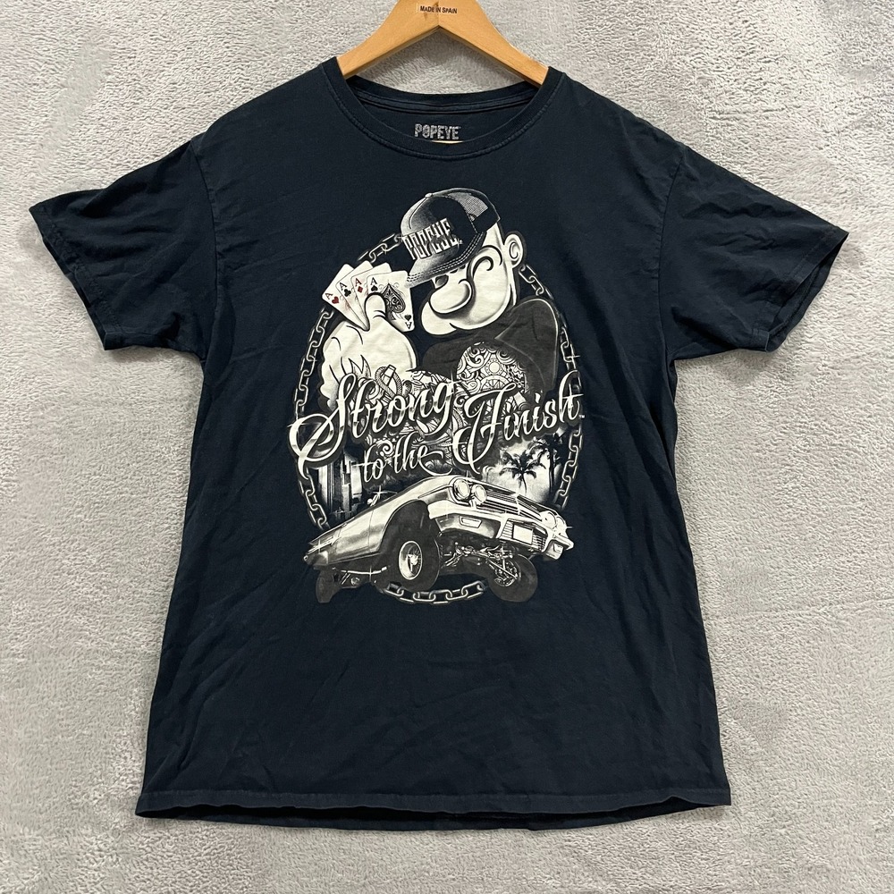 Popeye T Shirt Men Medium Black Strong to the Finish Lowrider Car Graphic Cotton